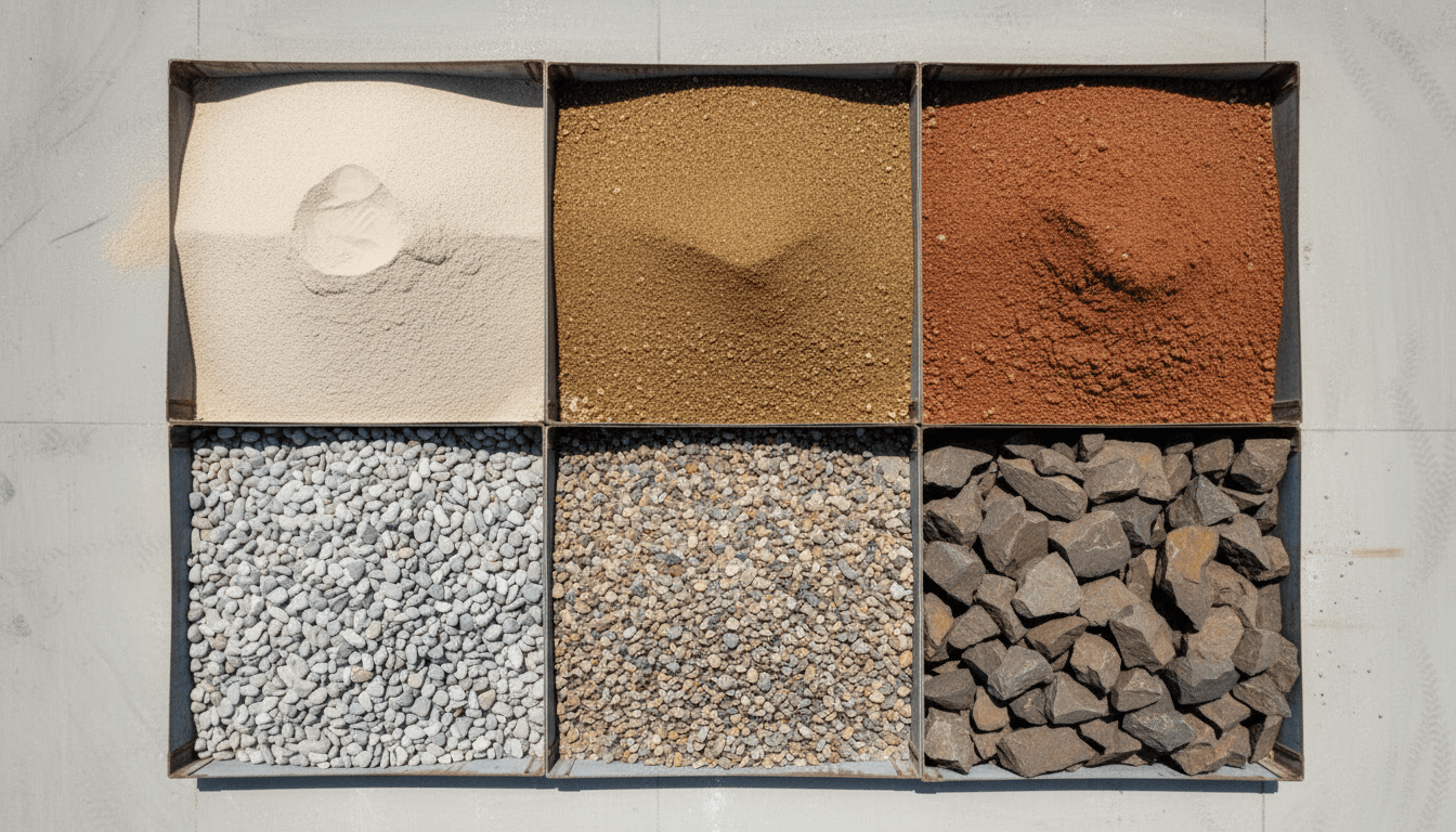 Vista superior de seis compartimentos con arena, grava y rocas de diferentes colores y texturas.