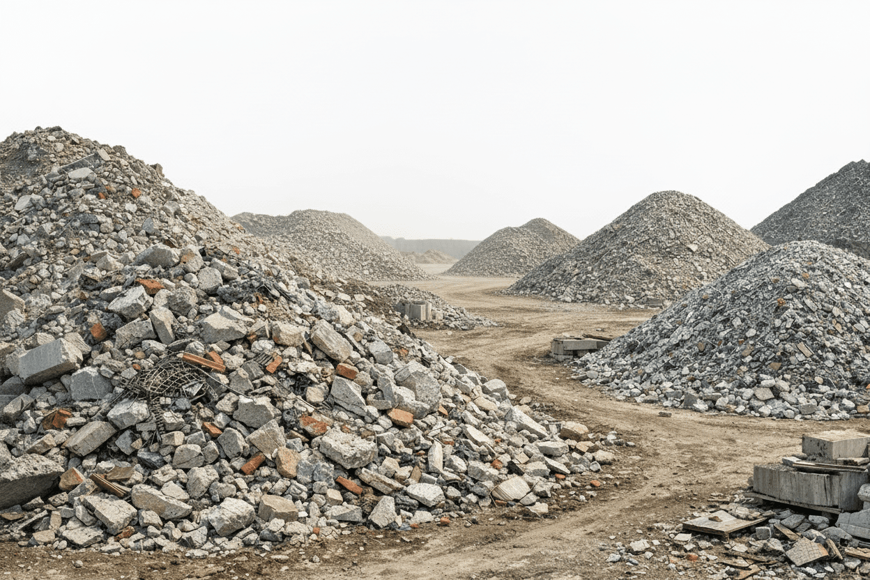 Grandes montículos de escombros y rocas en un sitio de construcción bajo un cielo nublado.