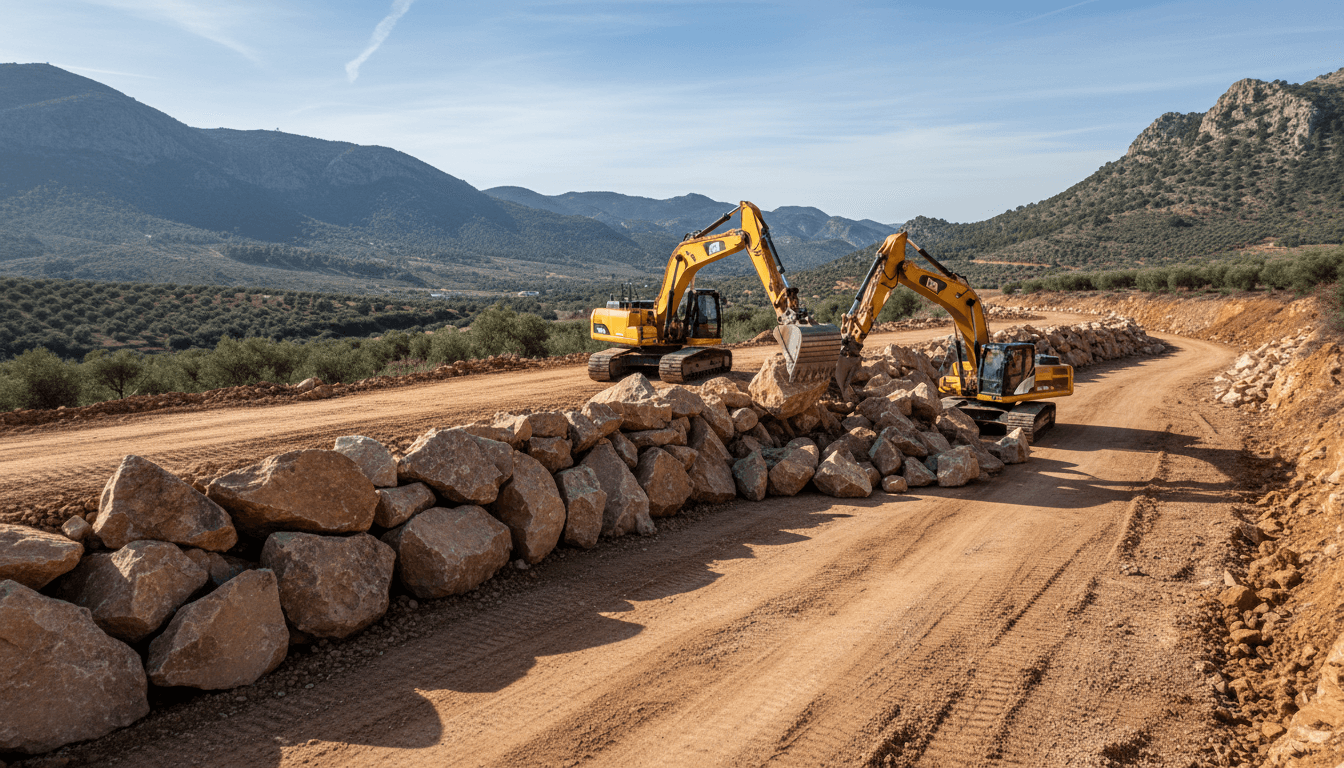 Heavy machinery constructing a rock embankment in a scenic landscape.